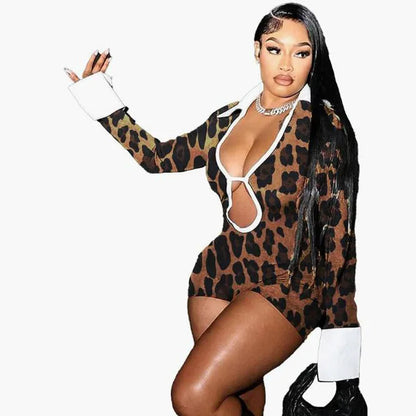 Women's Leopard Print Backless Cutout Romper
