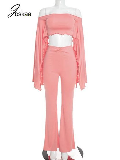 Women's Ruched Long Sleeve High Waist Wide Leg Two Piece Set - Back View