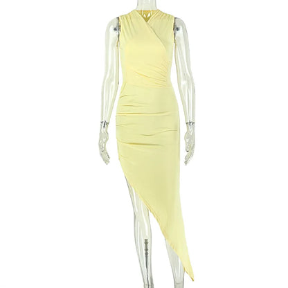 Women's Ruched V-neck Sleeveless One Shoulder Maxi Dress - Additional View 7
