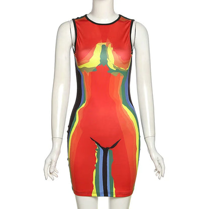 Women's Sleeveless Rainbow Printed Graffiti Dress