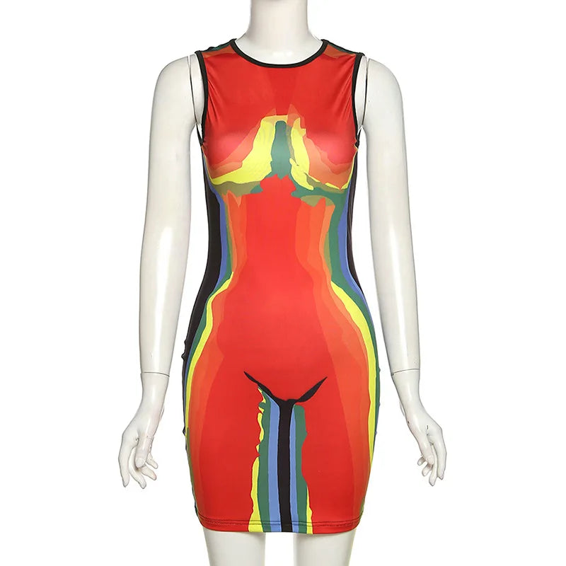 Women's Sleeveless Rainbow Printed Graffiti Dress