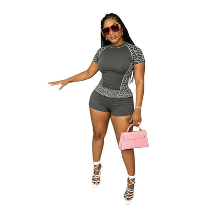 Women's Leopard Print Short Sleeve Crop Two Piece Set