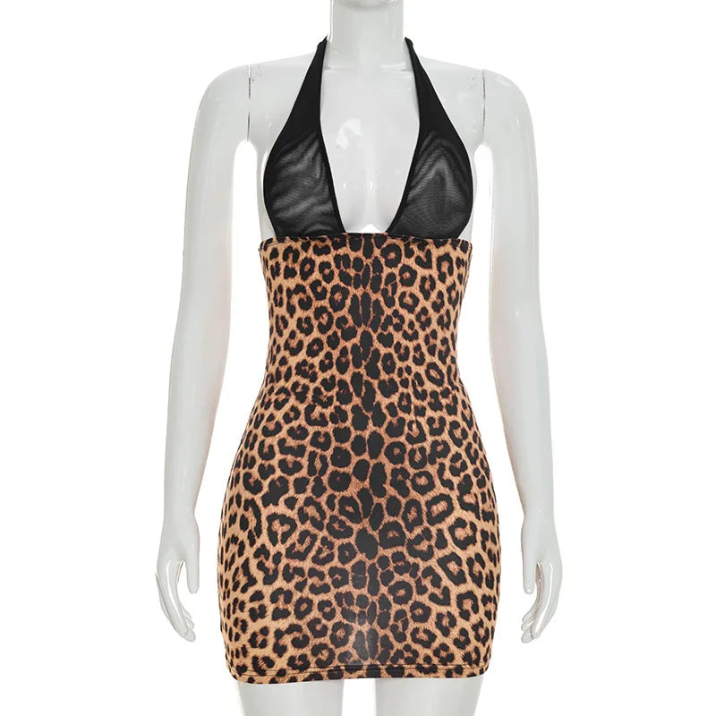 Women's Leopard Print Mesh Backless V-neck Mini Dress - Detail View 8