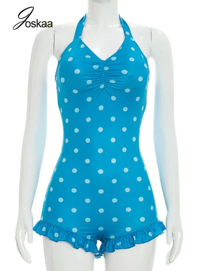 Women's Polka Dot Ruched Halter Bikini Set Black – Back View