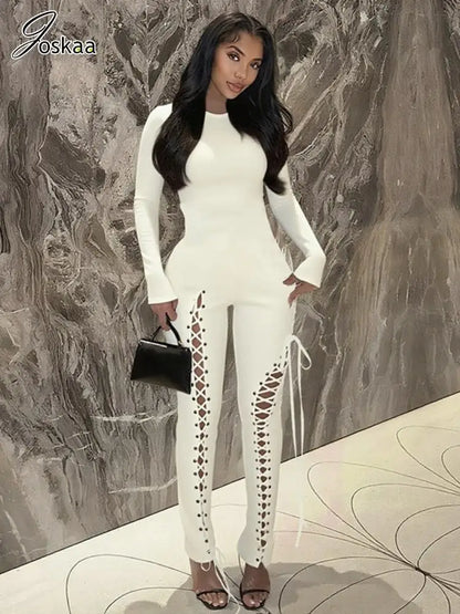 Women's Cutout Long Sleeve Bodycon Romper White – Front View