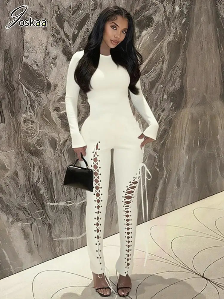 Women's Cutout Long Sleeve Bodycon Romper White – Front View