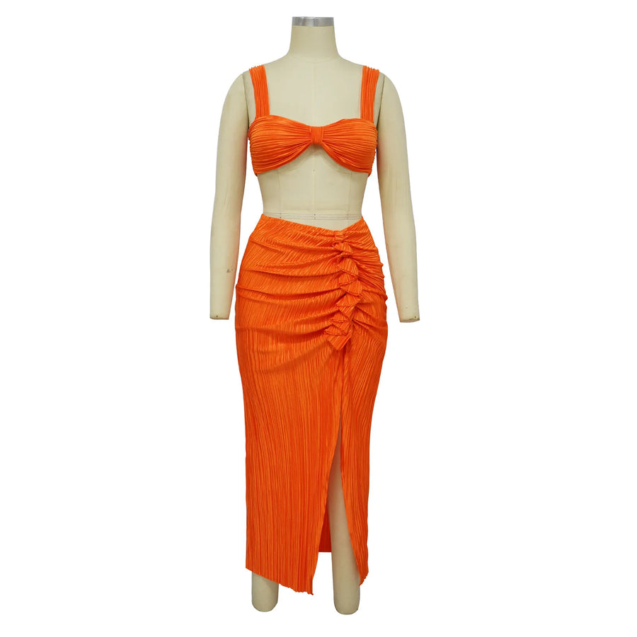 Women's Crop Pleated Solid Wrapped Two Piece Set