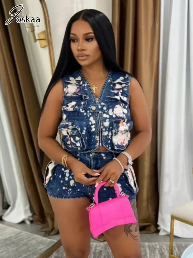 Women's Denim Sleeveless Crop Two Piece Set – Women's Fashion Wholesale – Front View