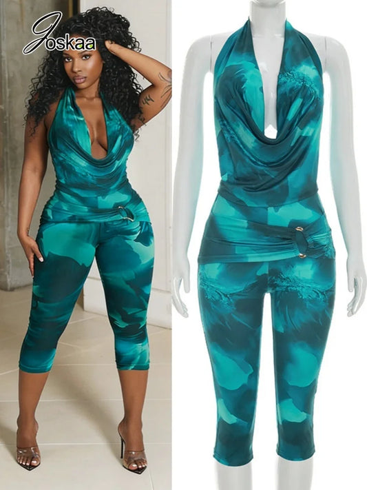 Women's Backless Halter Two Piece Set Casual - Front View