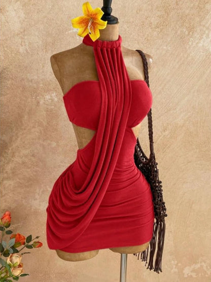 Joskaa Sexy Backless Irregular Halter Neck Mini Dress Women Asymmetrical Hem Bandage Wrap Design Slim Fit Dresses Party Clubwear