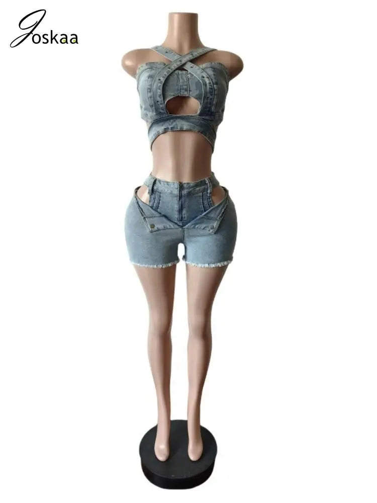 Women's Denim Cutout Stretch Irregular Tank Two Piece Set Black – Back View