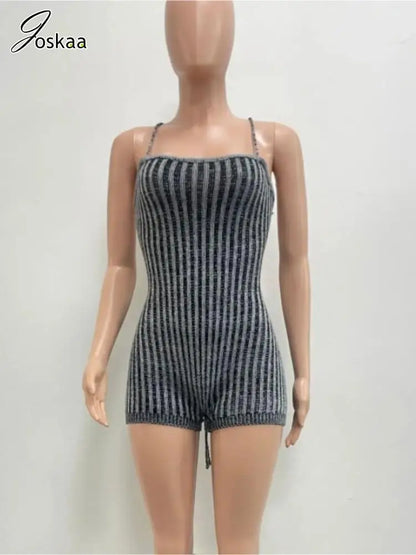 Women's Stripe Knit Backless Bodycon Romper Black – Detail View