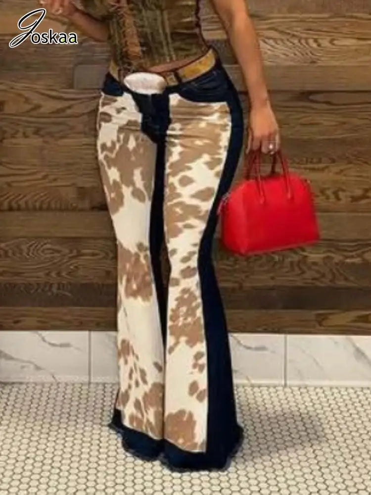 Women's Leopard Print Denim Flare Wide Leg Pants Camel – Back View