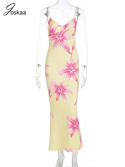 Women's Floral Print Sleeveless Bodycon Maxi Dress Pink – Back View
