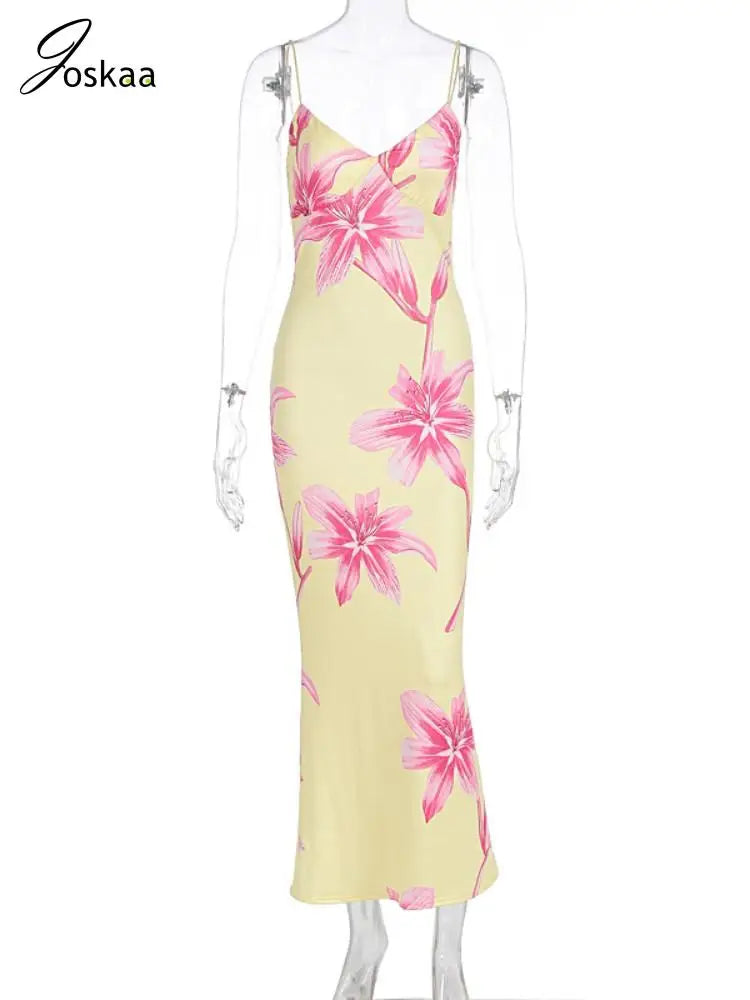 Women's Floral Print Sleeveless Bodycon Maxi Dress Pink – Back View