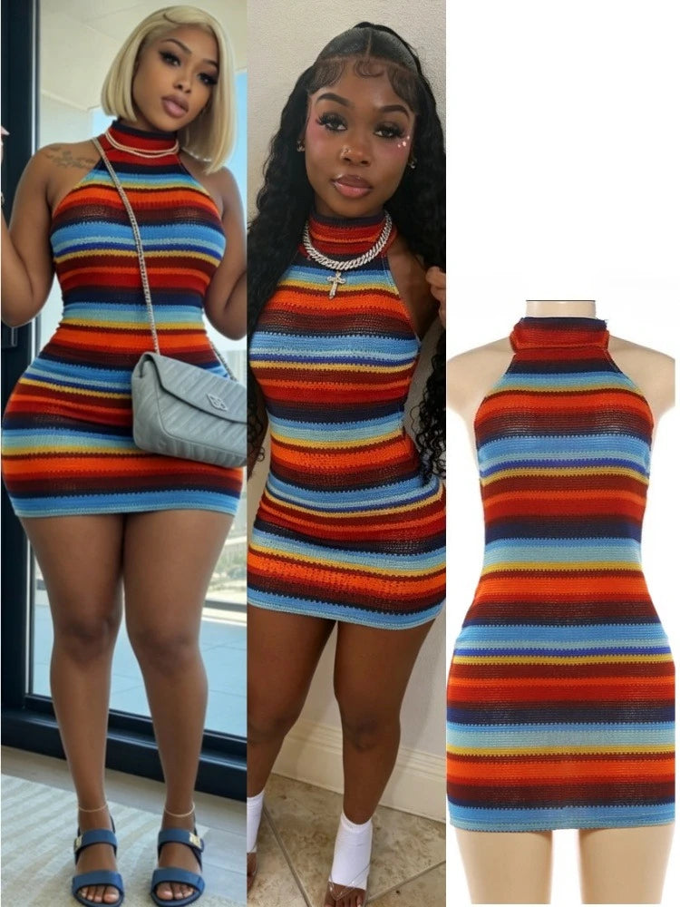 Women's Striped Ribbed Knit Halter Sleeveless Mini Dress - Women's Fashion Wholesale - Front View