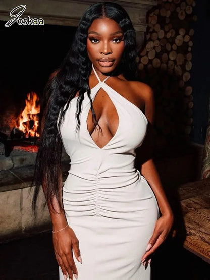 Women's Ruched Backless Halter Maxi Dress White – Front View