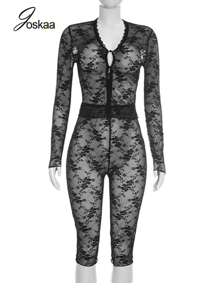 Women's Mesh Lace V-neck Long Sleeve Two Piece Set - Back View