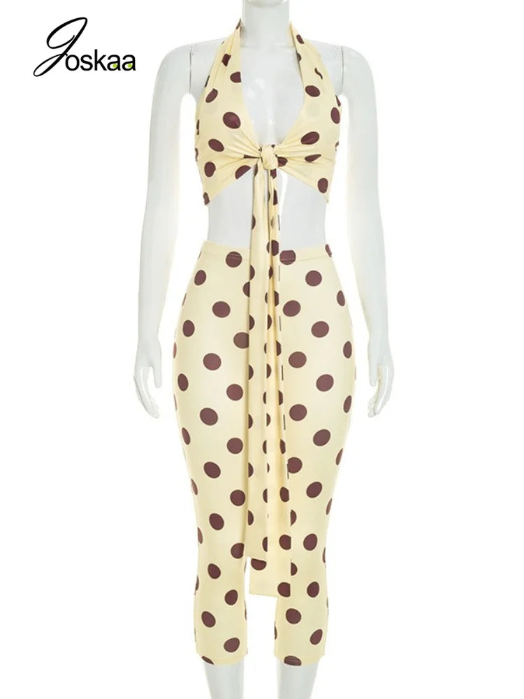 Women's Polka Dot V-neck Halter High Waist Two Piece Set - Detail View 3