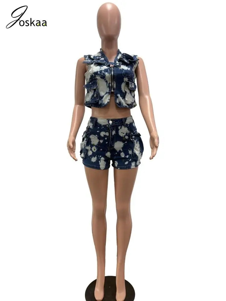 Women's Denim Sleeveless Crop Two Piece Set Blue – Back View