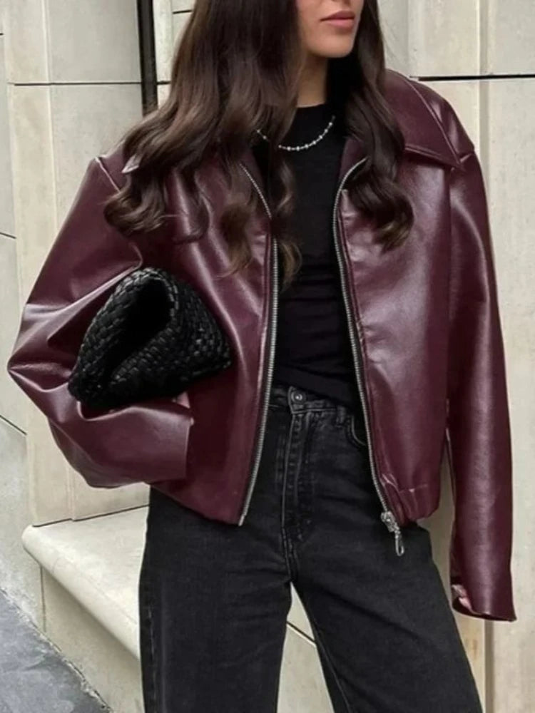 Women's Faux Leather Long Sleeve Zip Jacket – Women's Fashion Wholesale – Front View