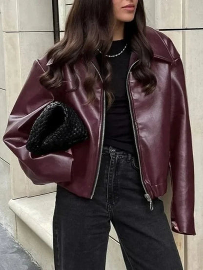 Women's Faux Leather Long Sleeve Zip Jacket – Women's Fashion Wholesale – Front View