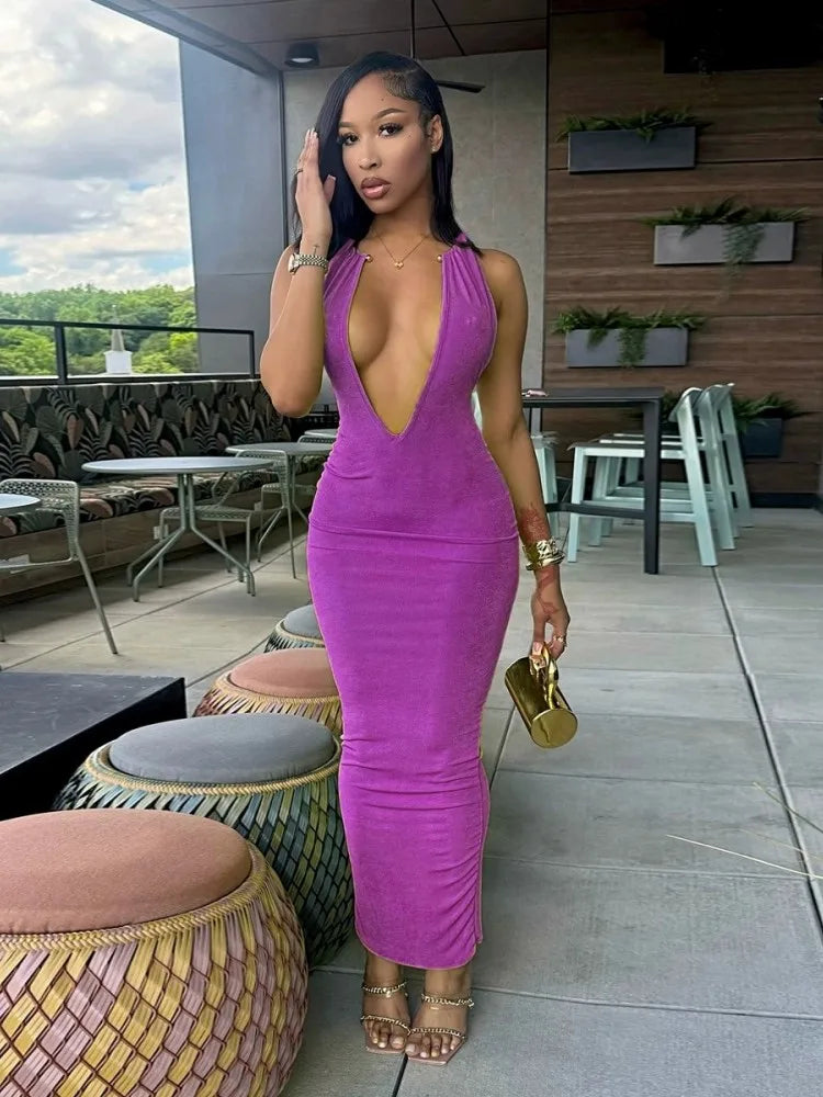 Women's Backless Halter Bodycon Maxi Dress