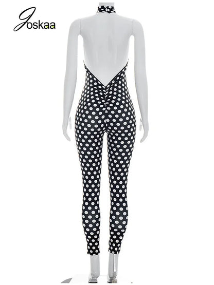 Women's Polka Dot Backless Cutout Romper Black – Detail View