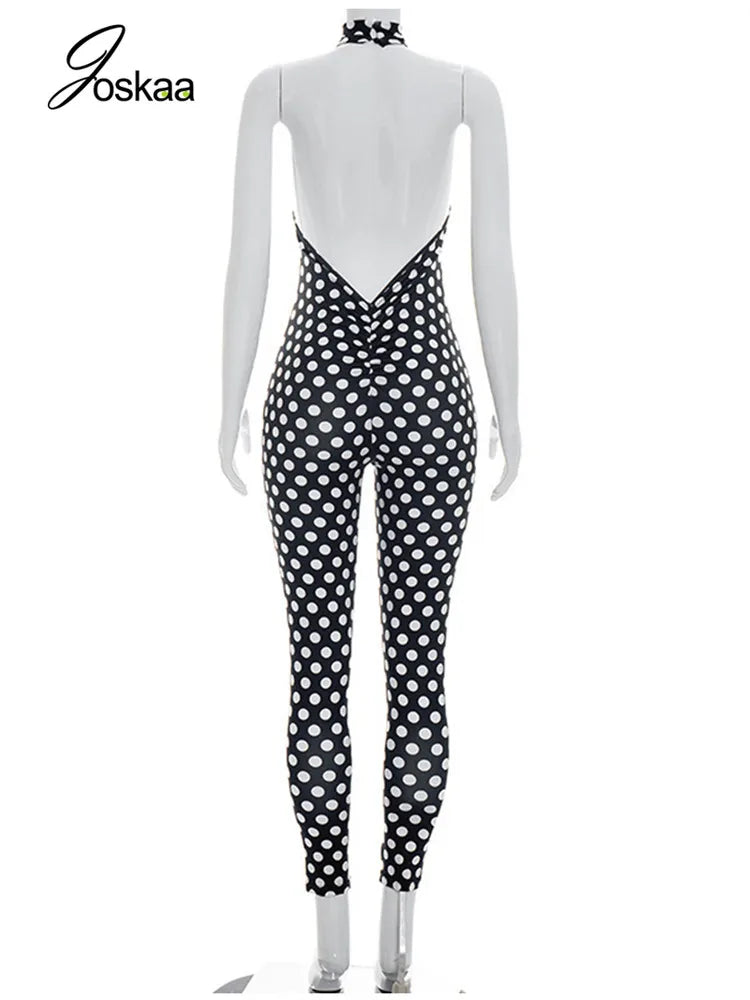 Women's Polka Dot Backless Cutout Romper Black – Detail View