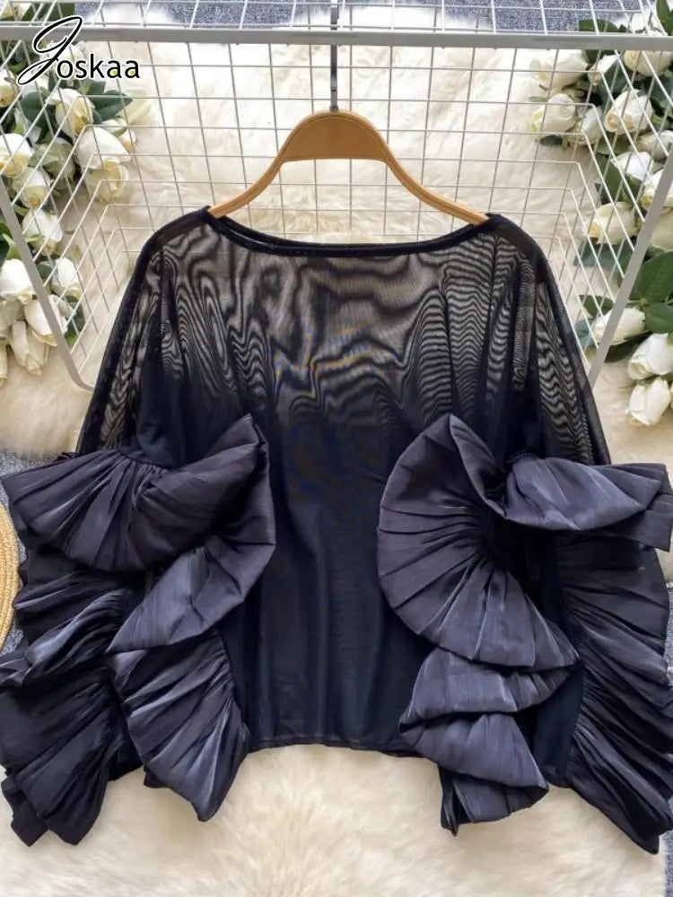 Women's Mesh Long Sleeve Luxury Blouse Ruffles Top Rose Red – Back View