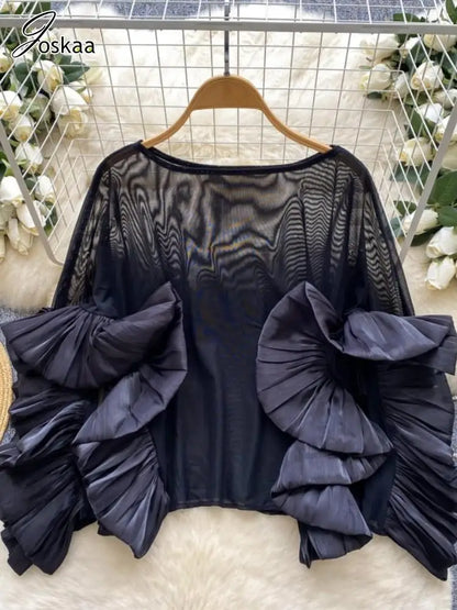 Women's Mesh Long Sleeve Luxury Blouse Ruffles Top Rose Red – Back View