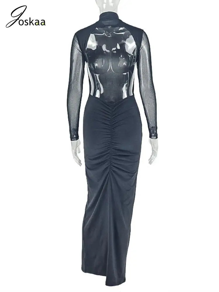Women's Mesh Backless Long Sleeve Bodycon Dress Black – Detail View