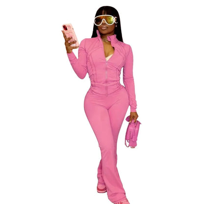 Women's Long Sleeve Flare Zip Two Piece Set