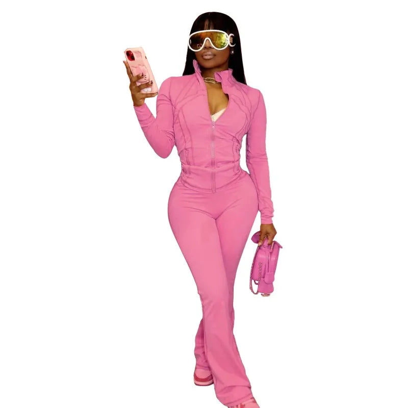 Women's Long Sleeve Flare Zip Two Piece Set