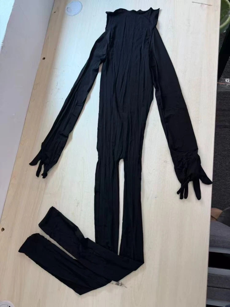 Women's Mesh Long Sleeve Jumpsuit with Gloves Romper