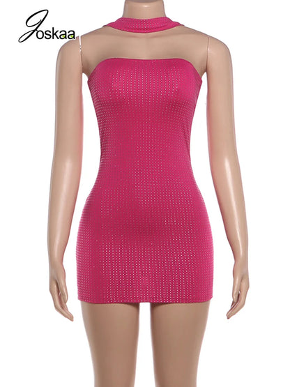 Women's Sequin Backless Halter Mini Dress Rose Red – Back View