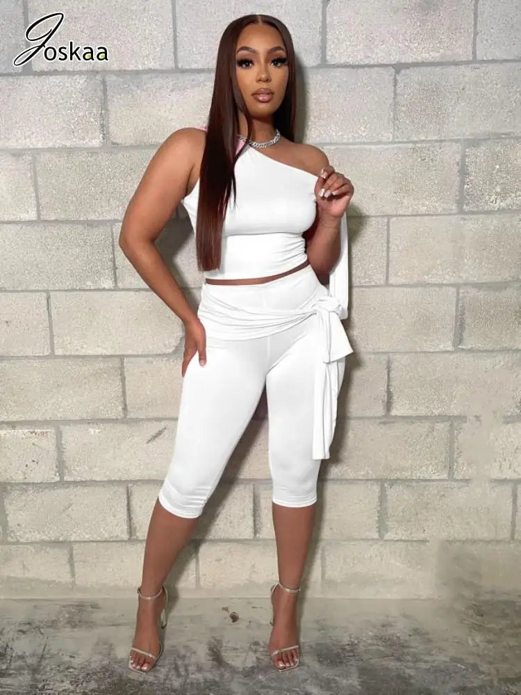 Women's One Shoulder Crop Sporty Oblique Two Piece Set Wine Red – Side View