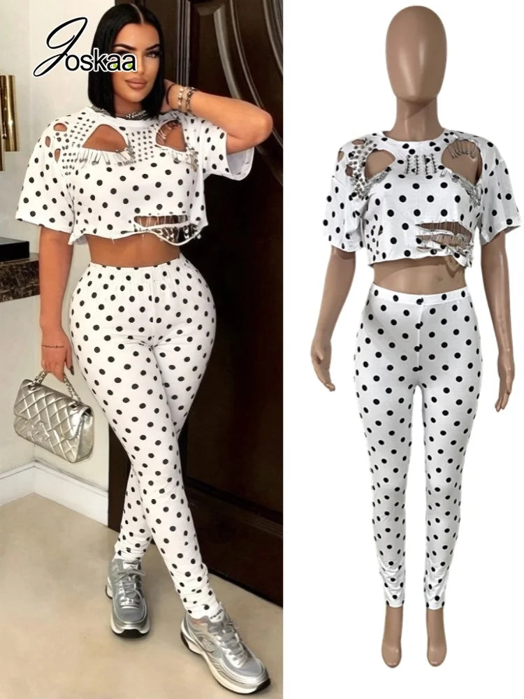 Women's Polka Dot Cutout Short Sleeve Two Piece Set – Women's Fashion Wholesale – Front View