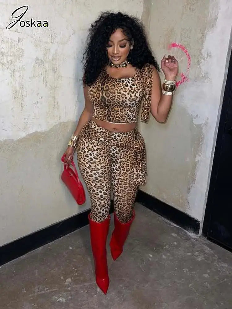 Women's Leopard Print Crop Two Piece Set – Women's Fashion Wholesale – Front View