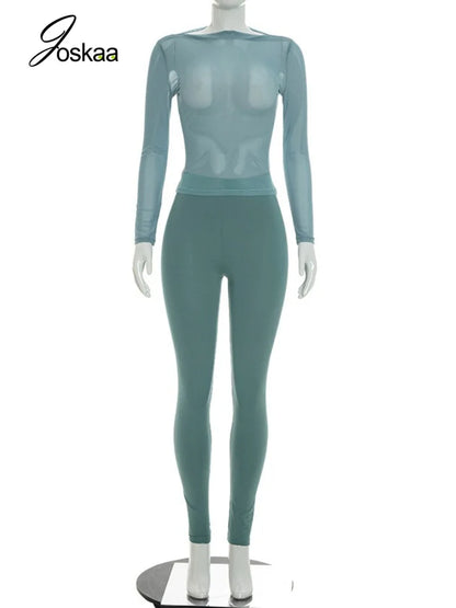 Women's Mesh Long Sleeve High Waist Two Piece Set Sage Green – Back View