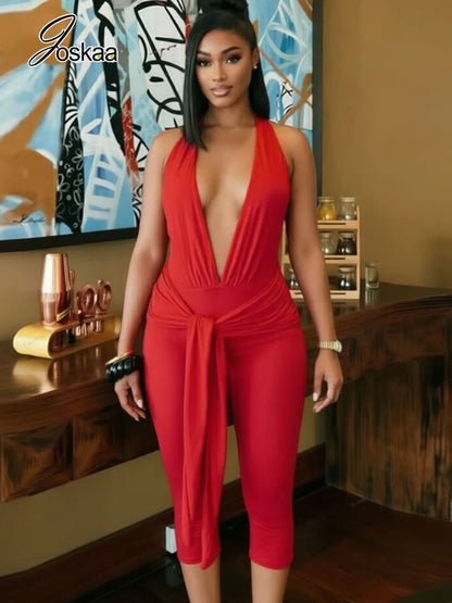 Women's Backless V-neck Halter Sleeveless Romper - Side View