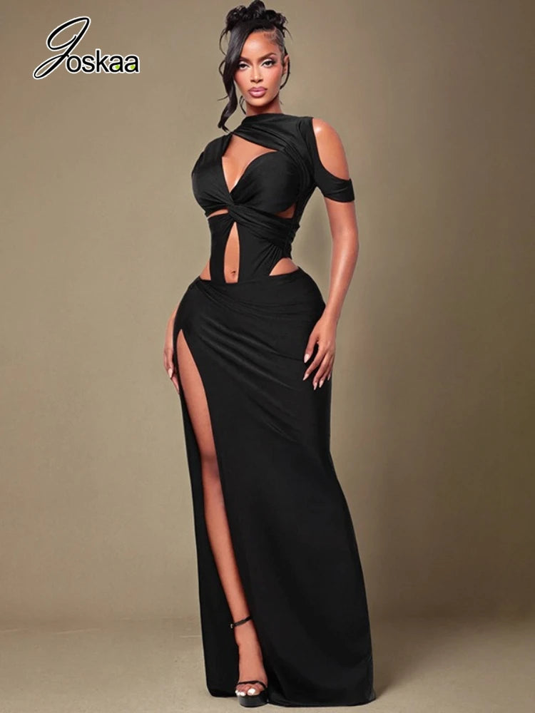 Women's Cutout Bodycon Knot Irregular Single Maxi Dress Red – Side View