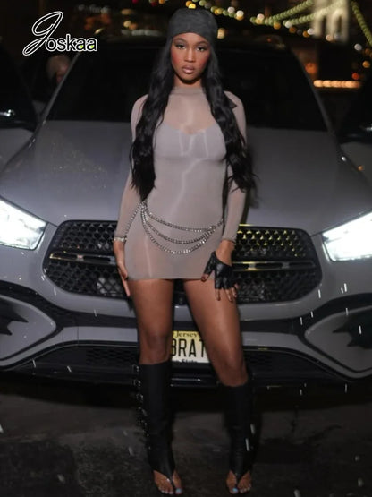 Women's Mesh Long Sleeve Bodycon Dress Transparent - Detail View 1