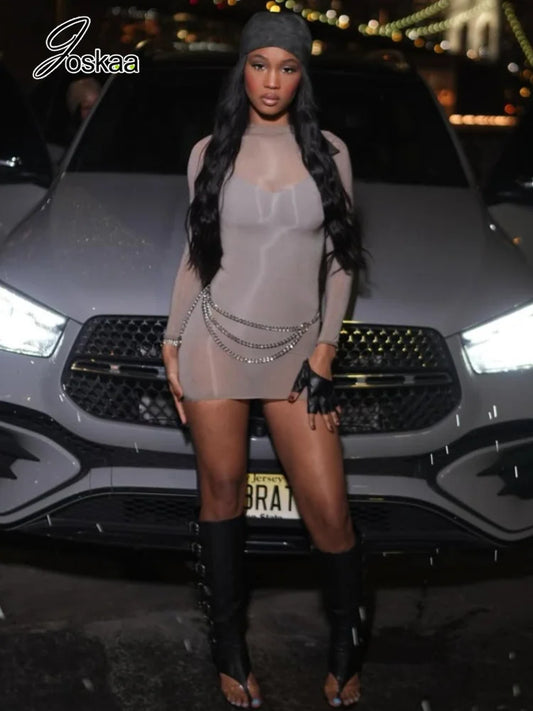 Women's Mesh Long Sleeve Bodycon Dress Transparent - Detail View 1