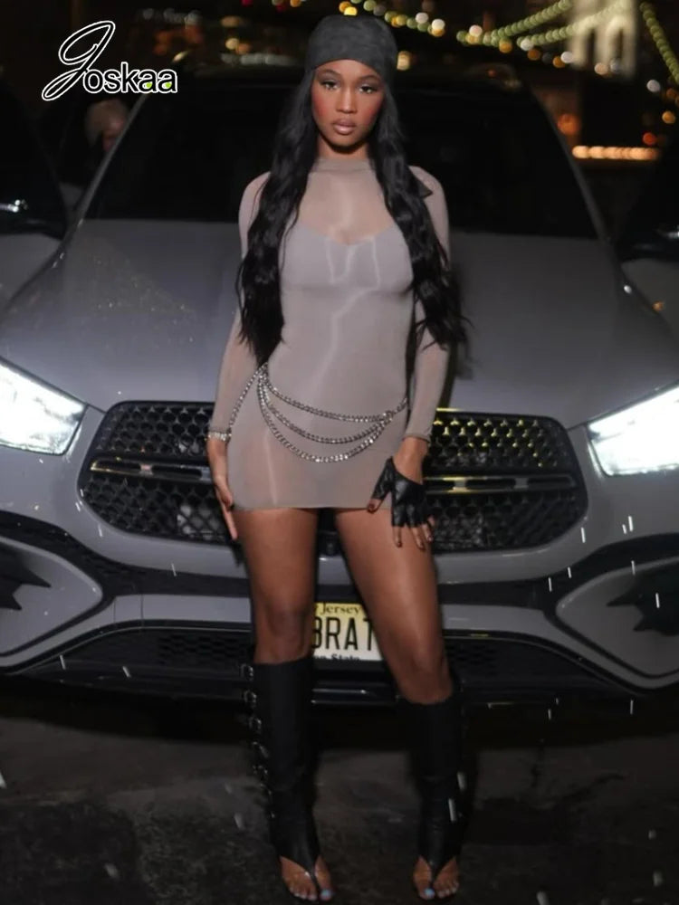 Women's Mesh Long Sleeve Bodycon Dress Transparent - Detail View 1