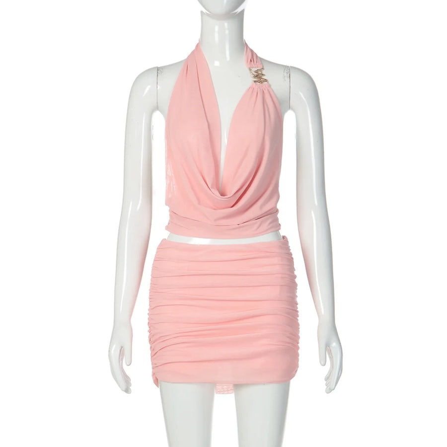Women's Mesh Ruched Backless Two Piece Set