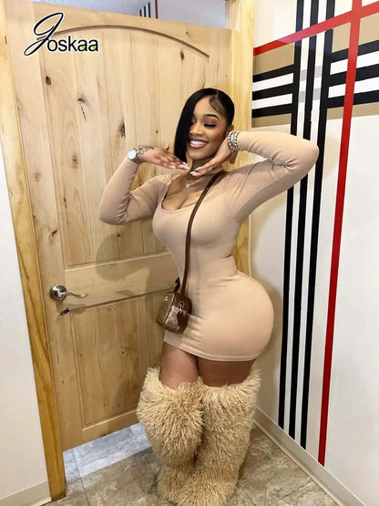 Women's Long Sleeve High Waist Bodycon Dress Skin – Back View
