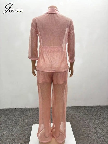Women's Flare Wide Leg Pink Two Piece Set Apricot Pink – Detail View