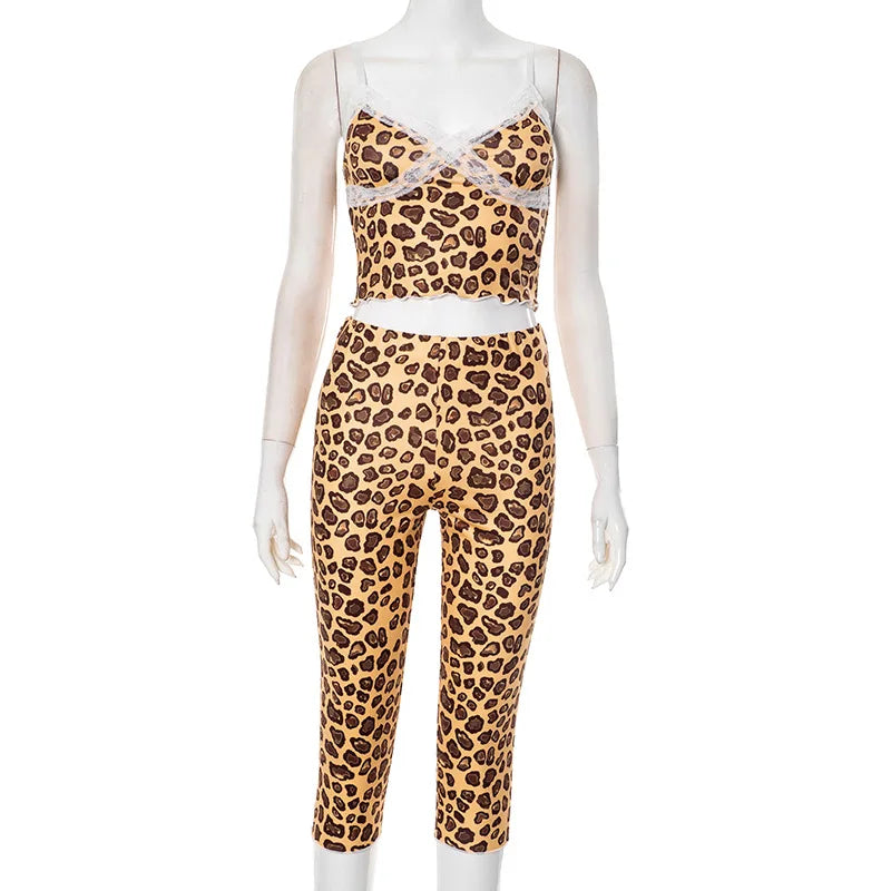 Women's Leopard Print Lace Crop Two Piece Set