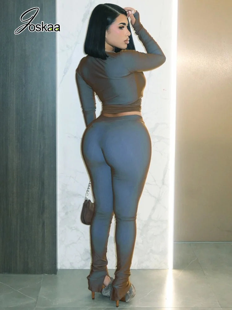 Women's V-neck Long Sleeve High Waist Wide Leg Two Piece Set - Front View